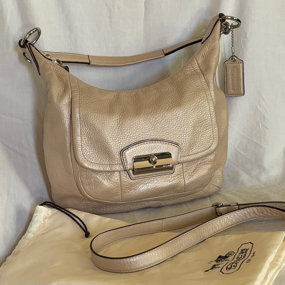 Coach Beige/Pearl Leather Shoulder Bag with silver hardware
